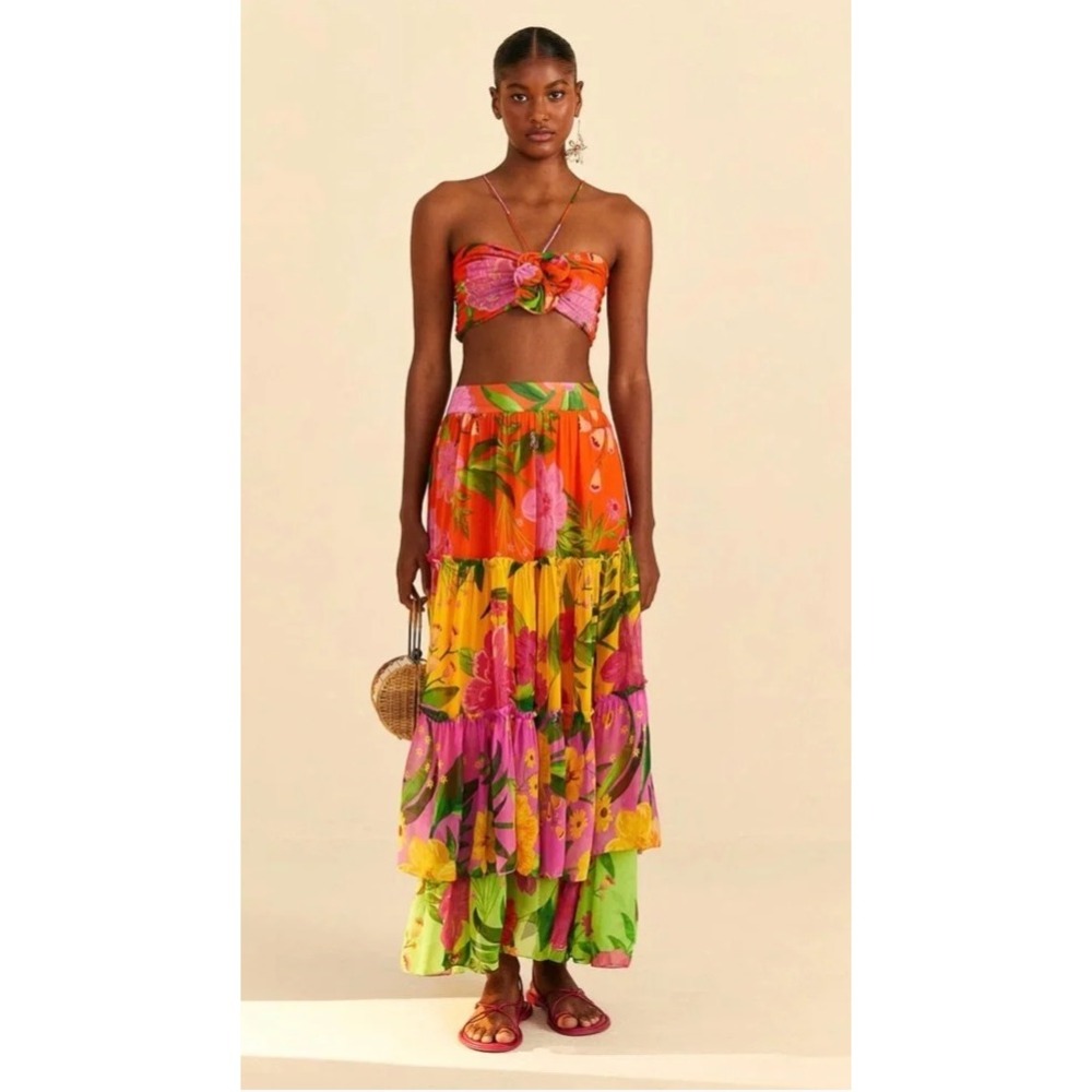 Farm‎ Rio Mixed Romantic Garden Maxi Skirt Floral Tiered Ruffle Multi XL 309411